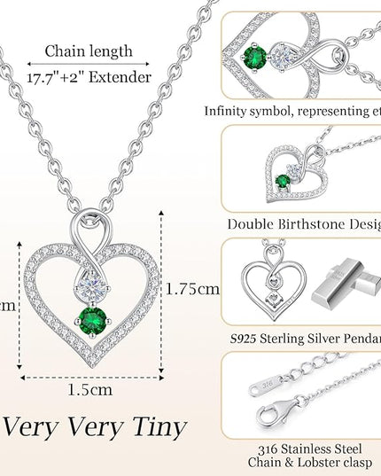 LOUISA SECRET Infinity Double Birthstone Necklace, 925 Sterling Silver Tiny Pendant Heart Necklace for Women Wife Her, Best Jewelry Gift Heart Jewelry Meaningful Gift for Valentine's Day, Christmas, Birthday Anniversary