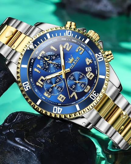 OLEVS Mens Watches Chronograph Watch Luxury Dress Stainless Steel Waterproof Watches for Men Moon Phase Luminous Business Calendar Wrist Watch Blue/Black/Green/Gold/Face