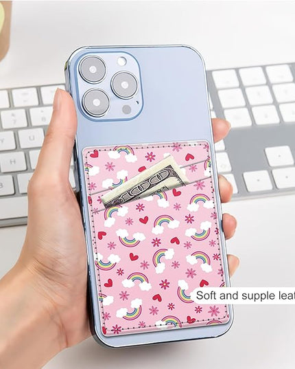 Phone Card Holder, Dual Pocket Leather Wallet Adhesive Stick On, Cute Credit Card Holder for Smartphones Case Compatible with Most Phone（rainbow）