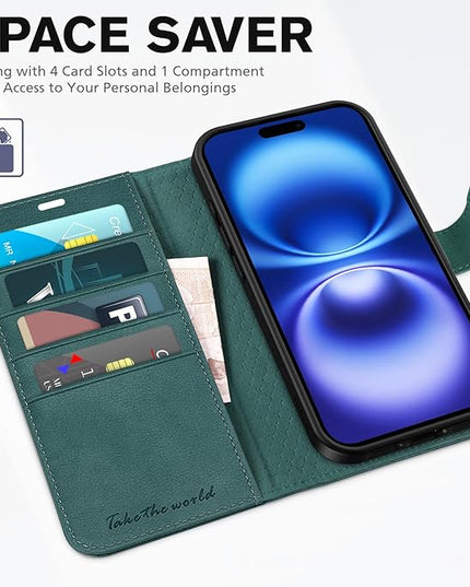 TUCCH Wallet Case for iPhone 16, Magnetic PU Leather Kickstand Flip Cover with 4 Card Slot Shockproof TPU Interior Shell, [RFID Blocking] Folio Case Compatible with iPhone 16 5G 2024, Teal Blue
