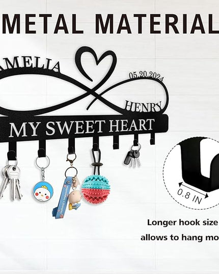 Dyoart Personalized Key Holder Wall Mount, Custom Couple's Name Key Holder for Wall, Love Shape Wedding Couple Gifts, Metal Key Rack Coat Rack, Key Rack Organizer for Bedroom Hallway Decor