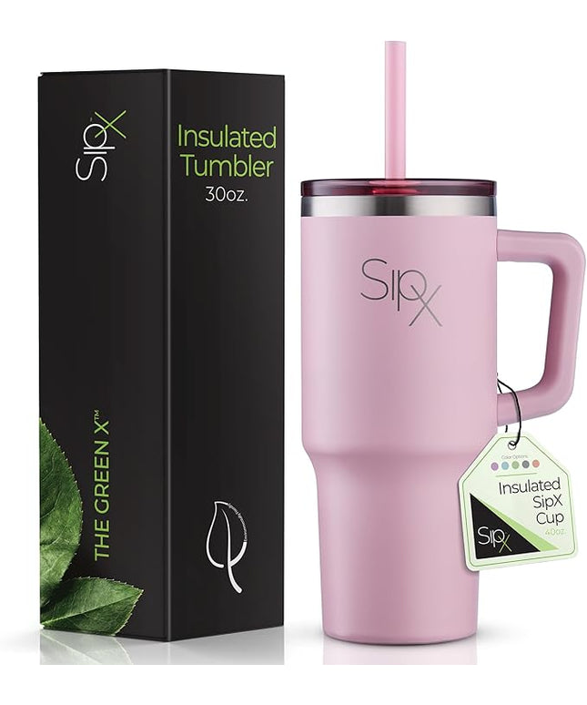SIPX™ 30 oz Insulated Tumbler with Handle & Straw – Vacuum Insulated Stainless Steel, Leakproof, Cupholder Friendly – Perfect for Iced Coffee, Water & Travel – Pink