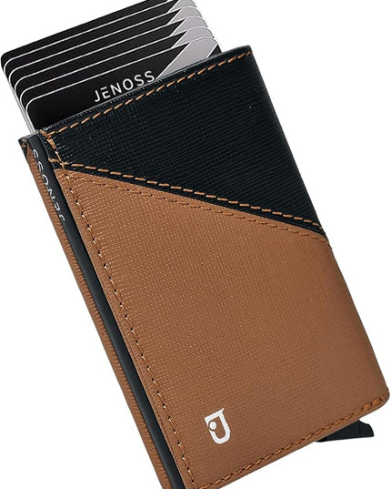 Jenoss Smart Wallet For Men: Full Grain Leather, Handcrafted, Slide Metal Pop Up Case, Slim RFID Blocking Credit Card Holder, Compact 12 Cards Slot Organizers, ID, Money Clip(Brown & Black)
