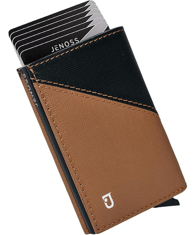 Jenoss Smart Wallet For Men: Full Grain Leather, Handcrafted, Slide Metal Pop Up Case, Slim RFID Blocking Credit Card Holder, Compact 12 Cards Slot Organizers, ID, Money Clip(Brown & Black)