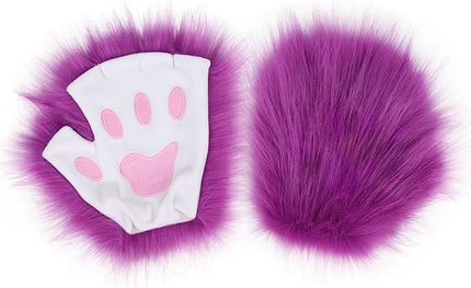 HAOAN Wolf Paw Gloves Faux Fur Cat Fingerless Mittens Winter Warm Cosplay Halloween Fancy Party Costume Accessories