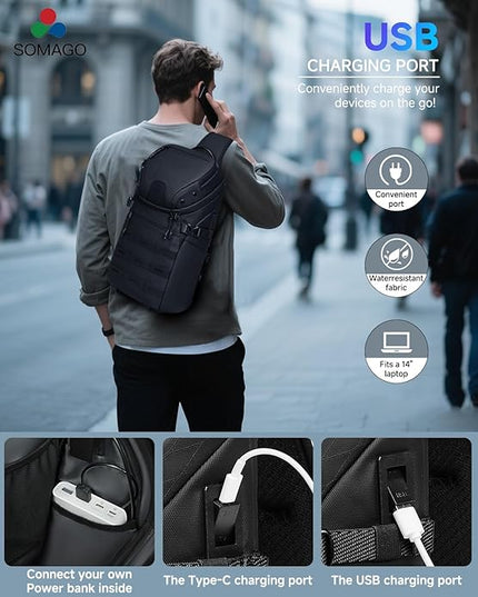 Somago Sling Backpack with USB Charging Port Water-Resistant Tactical Backpack Crossbody Chest Bag with Anti-theft Pocket