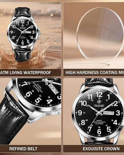 Men's Watches Leather Band Stainless Steel Quartz Analog Watch Luxury Waterproof Watches for Men Dress Men's Wrist Watch with Day Date Arabic Numeral Relojes para Hombre