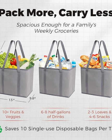 DOUKE Reusable Grocery Tote Bags, 3-Pack Heavy Duty Reusable Shopping Bags with Long Handles, Large Box Shape Tote Bags to Stand Up, Stay Open, Fold Flat (Gray)