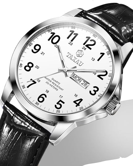 Men's Watches Leather Band Stainless Steel Quartz Analog Watch Luxury Waterproof Watches for Men Dress Men's Wrist Watch with Day Date Arabic Numeral Relojes para Hombre