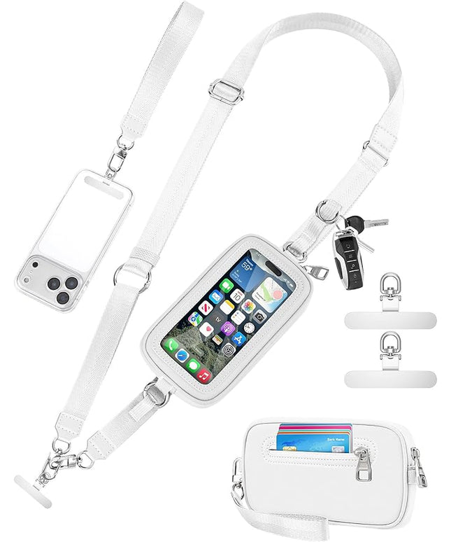 Clip and Go Strap for Phone with Wallet Crossbody, Detachable Wristlet Strap Pocket with Zipper Phone Screen ID Window, 2 Pcs Metal Tether Patches Compatibe with iPhone and Most Smartphones White