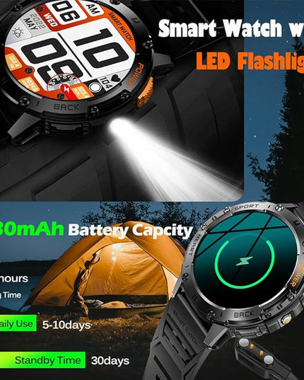 1.43" Amoled Ultra Military Smart Watch for Men(Answer/Dial Calls) 100+Sports Modes,5ATM Waterproof 530mAh Large Battery Super Long Standby with LED Flashlight,Heart Rate,SpO2,BP Android iOS