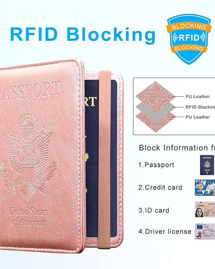 ACdream Passport Holder Cover, Leather Travel Wallet Case, RFID Blocking Document Organizer Protecrtor, with Slots for Credit Cards, Boarding Pass, for Women and Men, Rose Gold