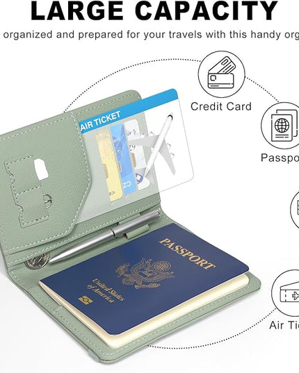 ACdream RFID BLOCKING Passport Holder Travel Wallet, Premium PU Leather Cover Passport Book with Card Holder, Pen Holder, Keep Organization, and Travel Essentials for Women and Men, Agave Green