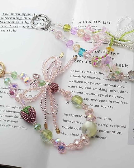 Phone Charm Wrist Strap with Diamond Inlay, Strawberry Bow & Crystal Flower Design for iPhone, Kindle, Camera, Pink Purple Green Key Wristlet, Lanyard for womens keychain wristlet