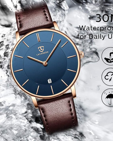 L LAVAREDO Watch for Men, Extremely Thin Mens Watches Minimalist Analog Men's Leather Wrist Watches with Time/Date, Birthday Gift for Men Boyfriend