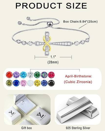 YL Cross Bracelet 925 Sterling Silver Infinity Sideways Link Bracelet Birthstone Jewelry for Women