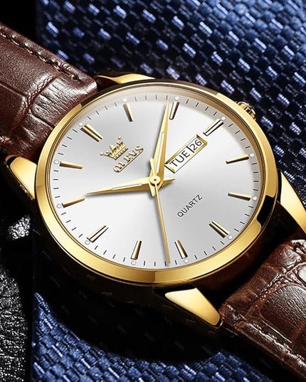 OLEVS Watches for Men Brown Leather Gold Case Analog Quartz Fashion Business Dress Watch Day Date Luminous Waterproof Casual Male Wrist Watches