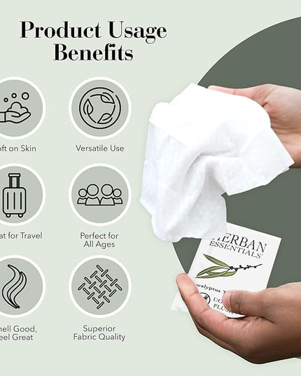 Herban Essentials - Eucalyptus Wipes & Towelettes - Essential Oil Wipes for Hands & Body - Travel Size Essentials and Toiletries - Natural, Individually Wrapped, Disposable & Moist Refresh (7 count)