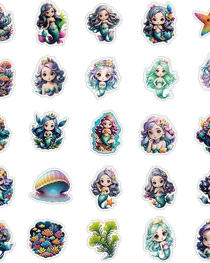 Cute Mermaid Vinyl Stickers, 50 PCS Waterproof Mermaid Ocean Fantasy Decals for Laptops, Scrapbooking, Journals, Water Bottles, Phones, Notebooks & DIY Decor