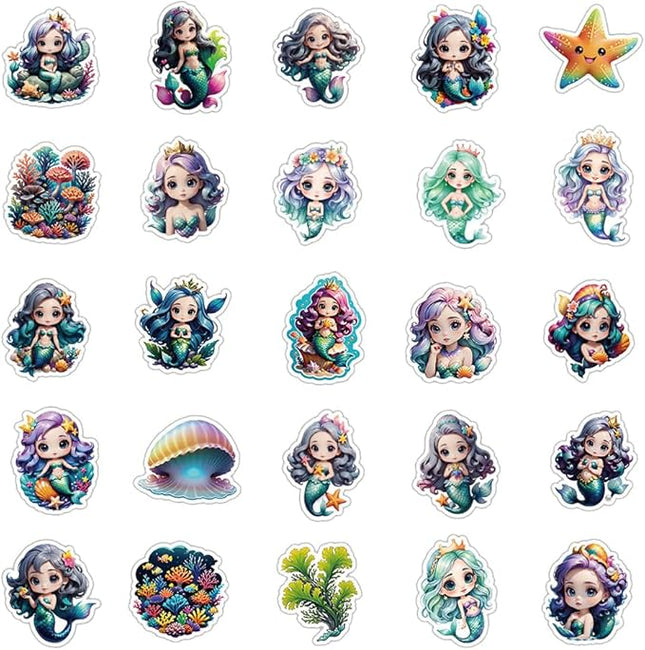 Cute Mermaid Vinyl Stickers, 50 PCS Waterproof Mermaid Ocean Fantasy Decals for Laptops, Scrapbooking, Journals, Water Bottles, Phones, Notebooks & DIY Decor