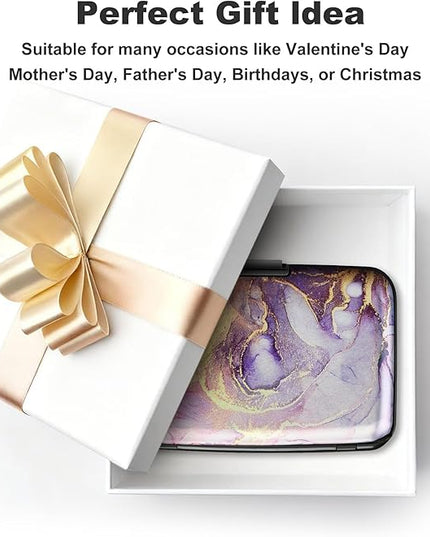ELFISH Mini RFID Aluminum Wallet Credit Cards Holder Business Card Case Metal ID Case for Men Women（Light Purple Marble