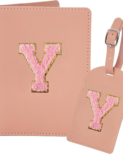 ULICO Initial Passport Cover and Luggage Tag Set,PU Leather Letter Passport Case Holder Travel Suitcase Tag, Personalized Travel Luggage Accessories Gifts for Women Kids Teenage Pink Y
