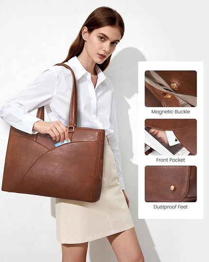 LOVEVOOK Laptop Bag for Women,17.3Inch Work Teacher Bags Leather Tote Bag Briefcase Waterproof Computer Bag for Women，Brown