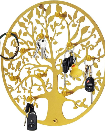 ZULONG Round Decorative Home Key Holder Wall Mount, Metal Tree Car Key Rack for Wall Organizer for Keys, Wallets, Hats, Used for Decor for House Entryway, Kitchen, Garage, Office (12" Gold)