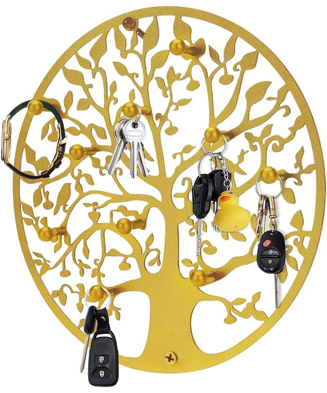 ZULONG Round Decorative Home Key Holder Wall Mount, Metal Tree Car Key Rack for Wall Organizer for Keys, Wallets, Hats, Used for Decor for House Entryway, Kitchen, Garage, Office (12" Gold)
