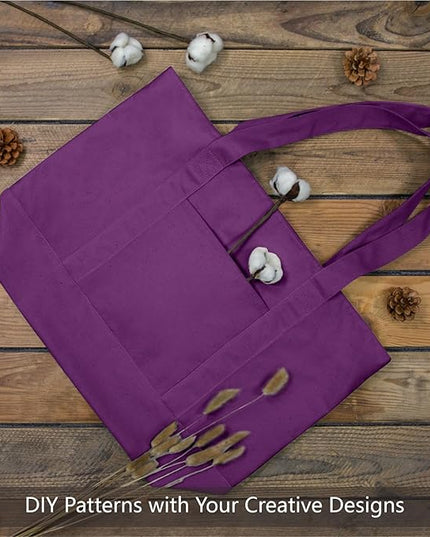 TOPDesign 6-Pack Canvas Tote Bags with an External Pocket, Reusable Grocery Shopping Bags, Top Zipper Closure, Daily Essentials (Purple)