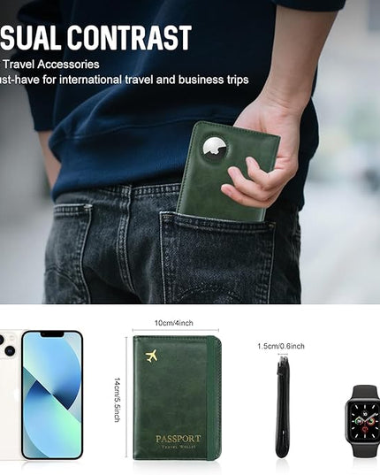 Passport Holder with AirTag – RFID Blocking Travel Document Wallet, Leather Passport Cover with AirTag Slot, Keeps Passport Safe & Trackable (Green)