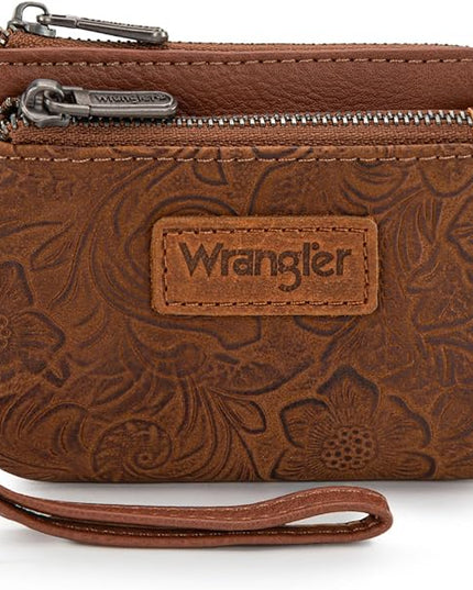 Montana West Wrangler Coin Purse for Women RFID-blocking Floral Embossed Change Pouch Wristlet Wallet Lightweight Portable Wallets Brown