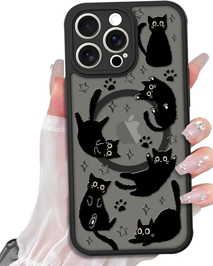 Cute Magnetic Case for iPhone 13 Pro Max Case [ Compatible with MagSafe ] with Black Cat Cats Pattern Design for Women Girls Boys, Soft Bumper Hard Back Kawaii Animal Protective Phone Cover