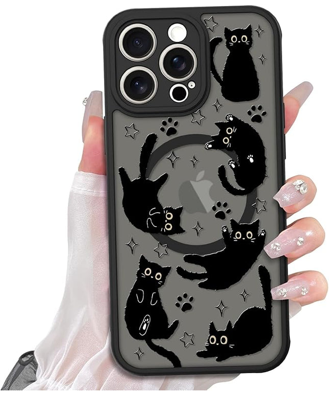 Cute Magnetic Case for iPhone 13 Pro Max Case [ Compatible with MagSafe ] with Black Cat Cats Pattern Design for Women Girls Boys, Soft Bumper Hard Back Kawaii Animal Protective Phone Cover