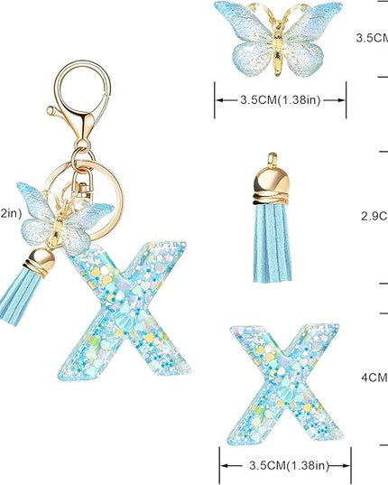 Fashion Alphabet Initial Letter Keychain Tassel Butterfly Pendant Key Ring for Purse Handbags Women Girl