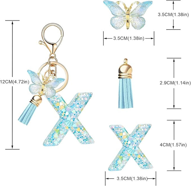 Fashion Alphabet Initial Letter Keychain Tassel Butterfly Pendant Key Ring for Purse Handbags Women Girl