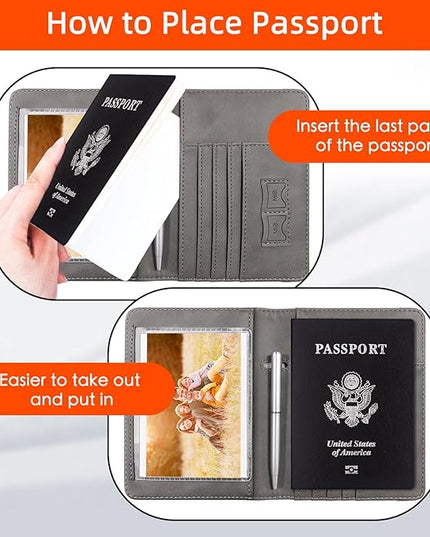 WALNEW Passport Holder for Travel, RFID Passport Cover Wallet for Women Men, PU Leather Passport Book Card Holder Case with Pen (Upgraded, Upgraded-Gray)