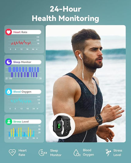 Smart Watches for Women/Men, Smart Watch for Android Phones and iPhone Compatible, Alexa Built-in, 1.8" Fitness Watches for Women, IP68 Waterproof /Bluetooth Call, Heart Rate/Sleep Monitor, Black