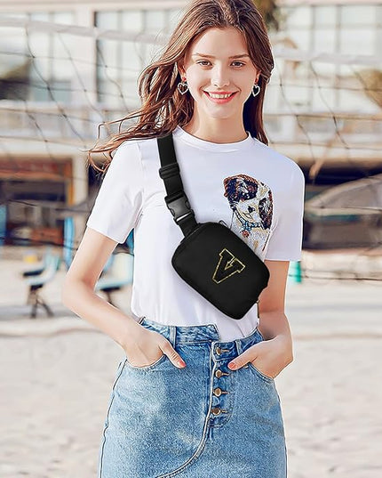 Gitus Belt Bag Fanny Pack Crossbody Bags with Initial Letter Patch Gifts for Wife Older Women Mother Coworker Bridesmaid Anniversary Travel Gifts Beach Gifts (Black-V)