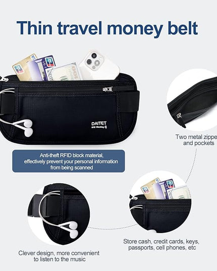 RFID Blocking Money Belt for Men Women, Slim Fanny Pack For Travel，Running,Conceal Waist Wallet For Passport Holder,Phone,Cash(Dark Black)