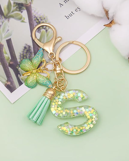 Fashion Alphabet Initial Letter Keychain Tassel Butterfly Pendant Key Ring for Purse Handbags Women Girl
