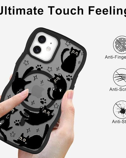Cute Case for iPhone 12 Case [Compatible with MagSafe] with Kawaii Black Cats Cat Print Pattern Design for Women Girls, Soft Wavy Edge Anti-Slip Animal Magnetic Protective Phone Cover