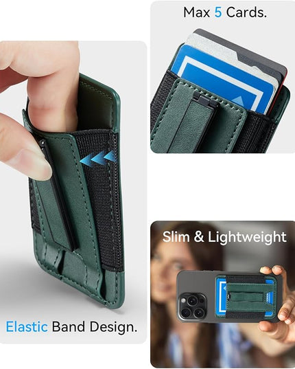 BIAJIYA Phone Wallet Sticky Back with Stand - Holds 6 Cards for iPhone & Samsung, Ultra Thin Leather & Stretch Fabric Card Holder (Green)