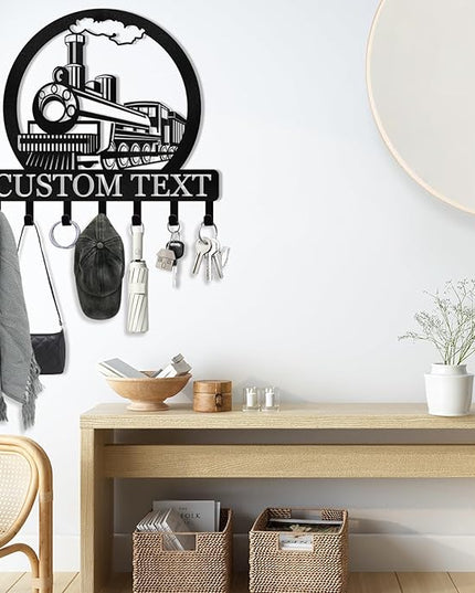 KAINSY Personalized Metal Key Holder for Wall, Custom Name Rack Wall Mount With Hooks, Train Design Hanger, Organizer Wall Decor for Entryway, Front Door, Hallway, Bedroom, Cabin