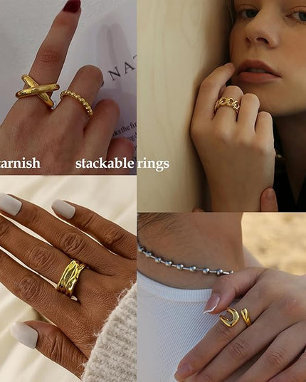 Chunky 14K Gold Plated Stackable Rings Set for Women,Vintage Knuckle Rings Dainty Hollow Carved Joint Finger Midi Rings Pack Adjustable Signet Mixed Size