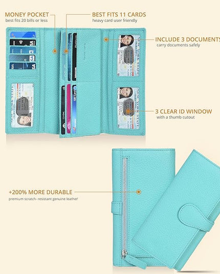 Real Leather Women Wallet Leather with RFID Blocking -Trifold Card Holder Designer Ladies Clutch with ID Window Wallets