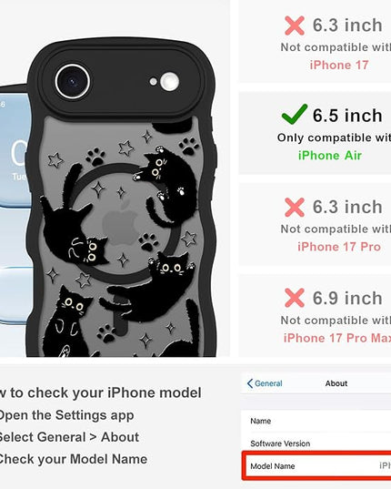 Cute Case for iPhone Air Case [Compatible with MagSafe] with Kawaii Black Cats Cat Print Pattern Design for Women Girls, Soft Wavy Edge Anti-Slip Animal Magnetic Protective Phone Cover