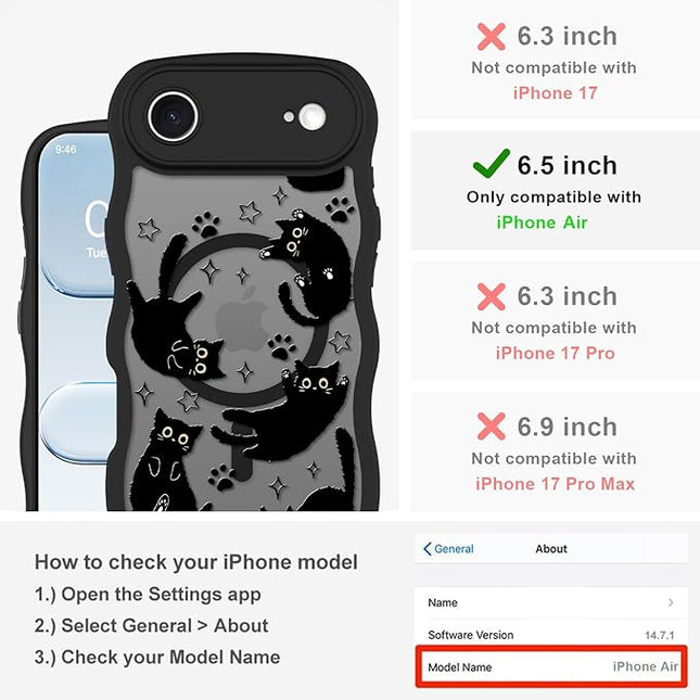 Cute Case for iPhone Air Case [Compatible with MagSafe] with Kawaii Black Cats Cat Print Pattern Design for Women Girls, Soft Wavy Edge Anti-Slip Animal Magnetic Protective Phone Cover