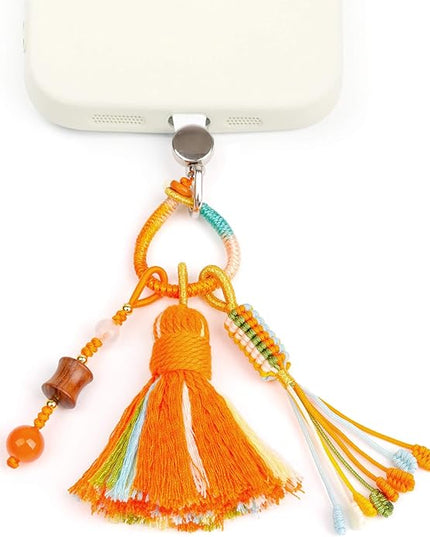 Boho Phone Charm with Tassel, Handmade Macrame Woven Phone Accessory, Cute Aesthetic Crystal & Wood Beaded Pendant Decoration for Cellphone, Bag, Keys