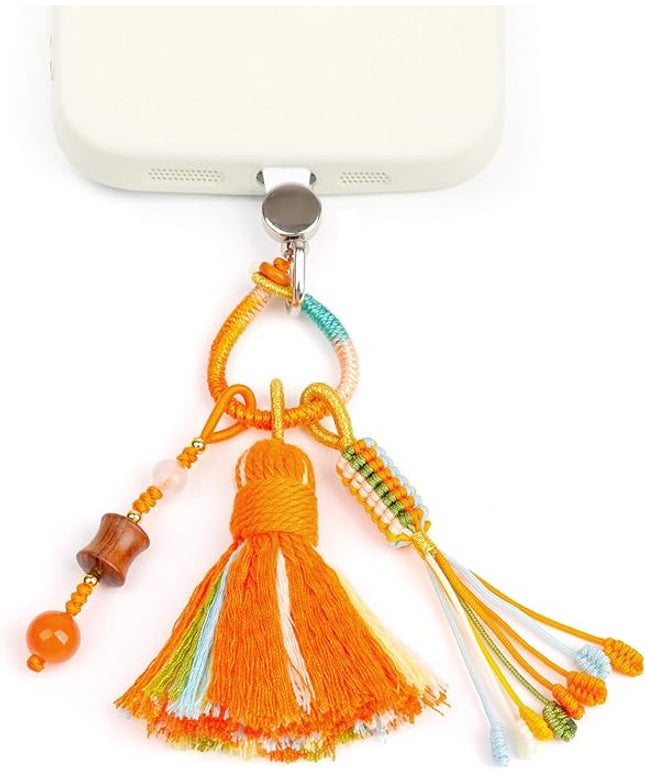 Boho Phone Charm with Tassel, Handmade Macrame Woven Phone Accessory, Cute Aesthetic Crystal & Wood Beaded Pendant Decoration for Cellphone, Bag, Keys
